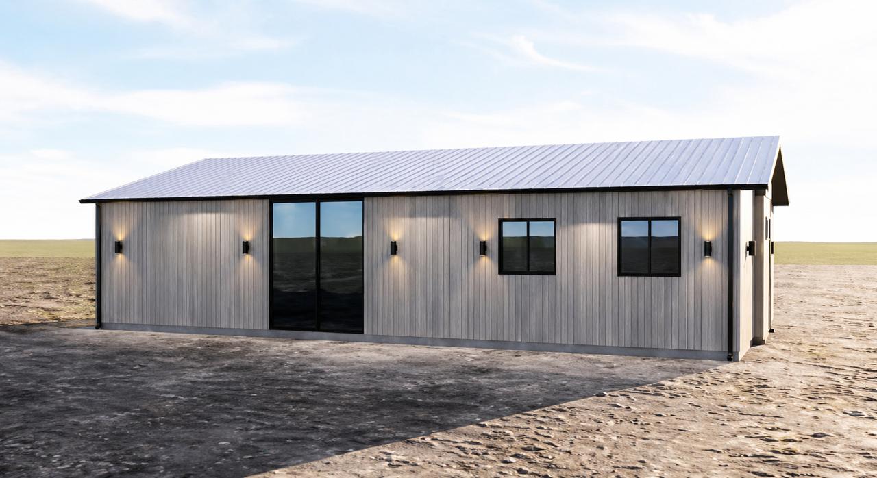 FlexiHomes weathered grey timber cladding option