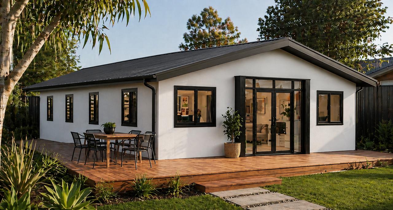 FlexiHomes 40ft expandable container home with timber deck and outdoor dining