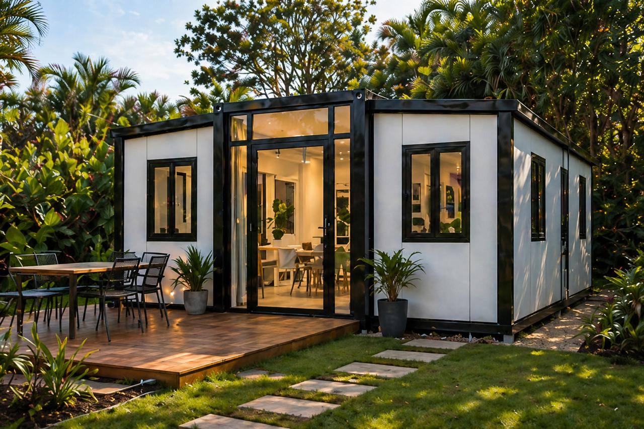 FlexiHomes expandable container home with timber deck, glass doors and lush garden setting