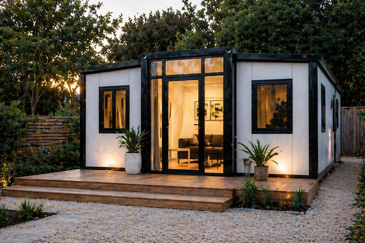 FlexiHomes 30ft expandable container home 2 bedroom exterior at dusk