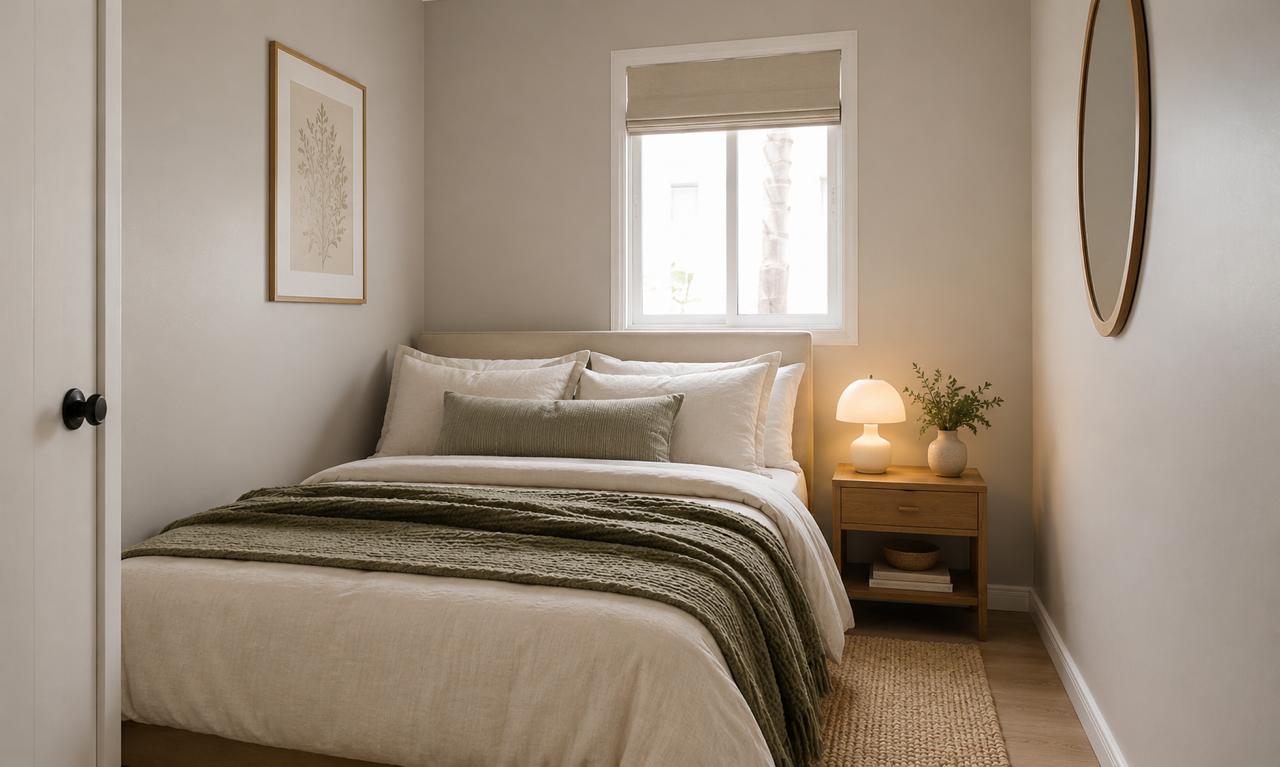 Compact expandable home cozy bedroom with queen bed