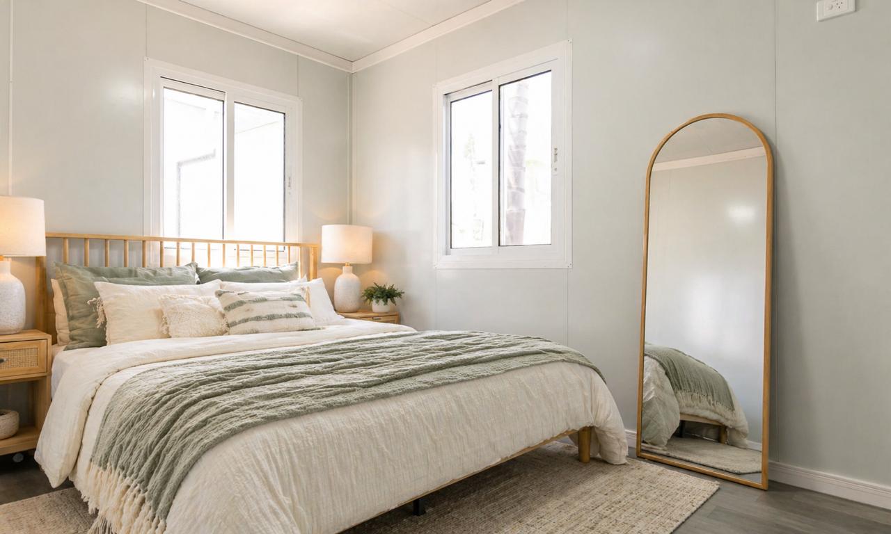 Container home master bedroom with natural light