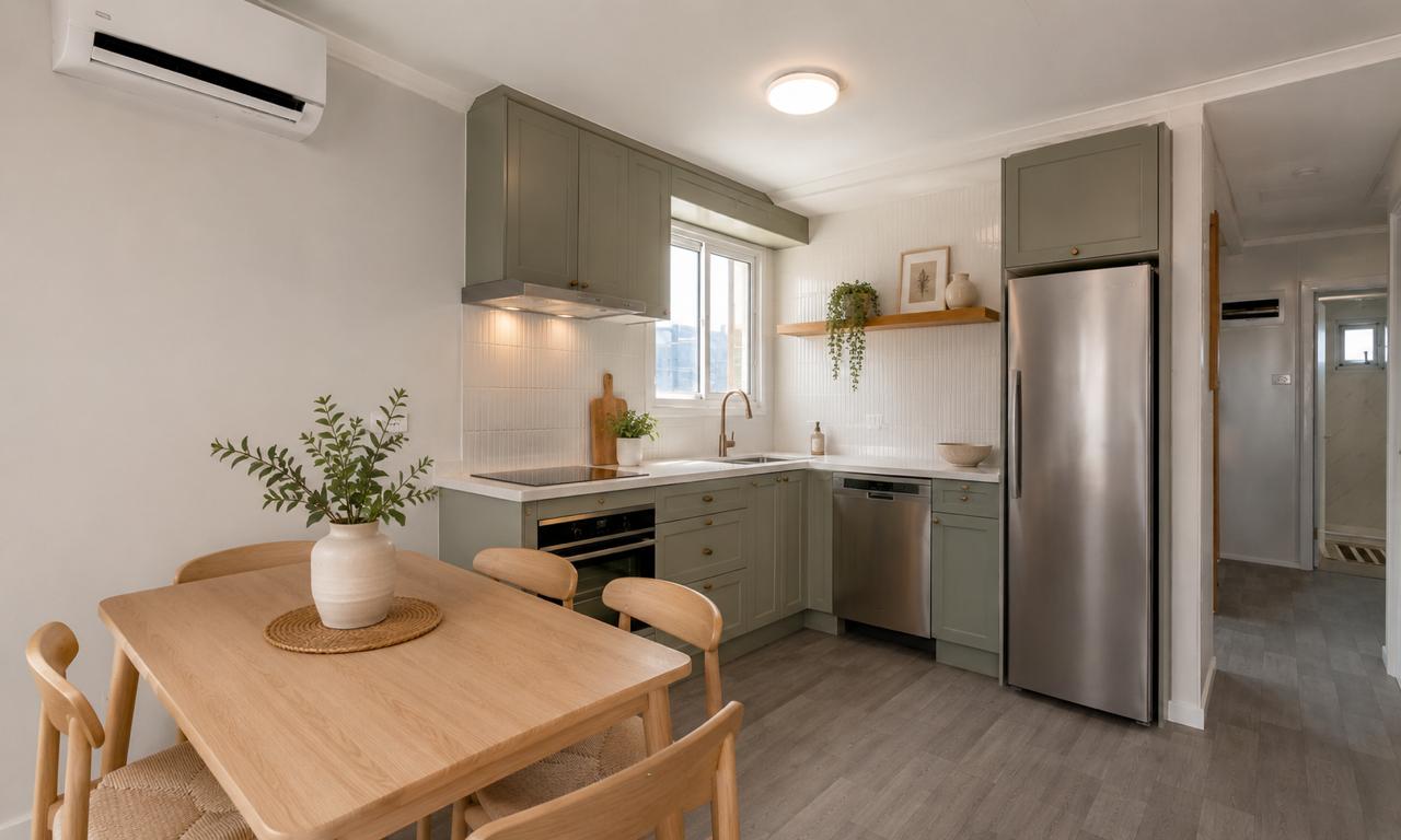 Compact expandable home kitchen with sage green cabinetry and dining area