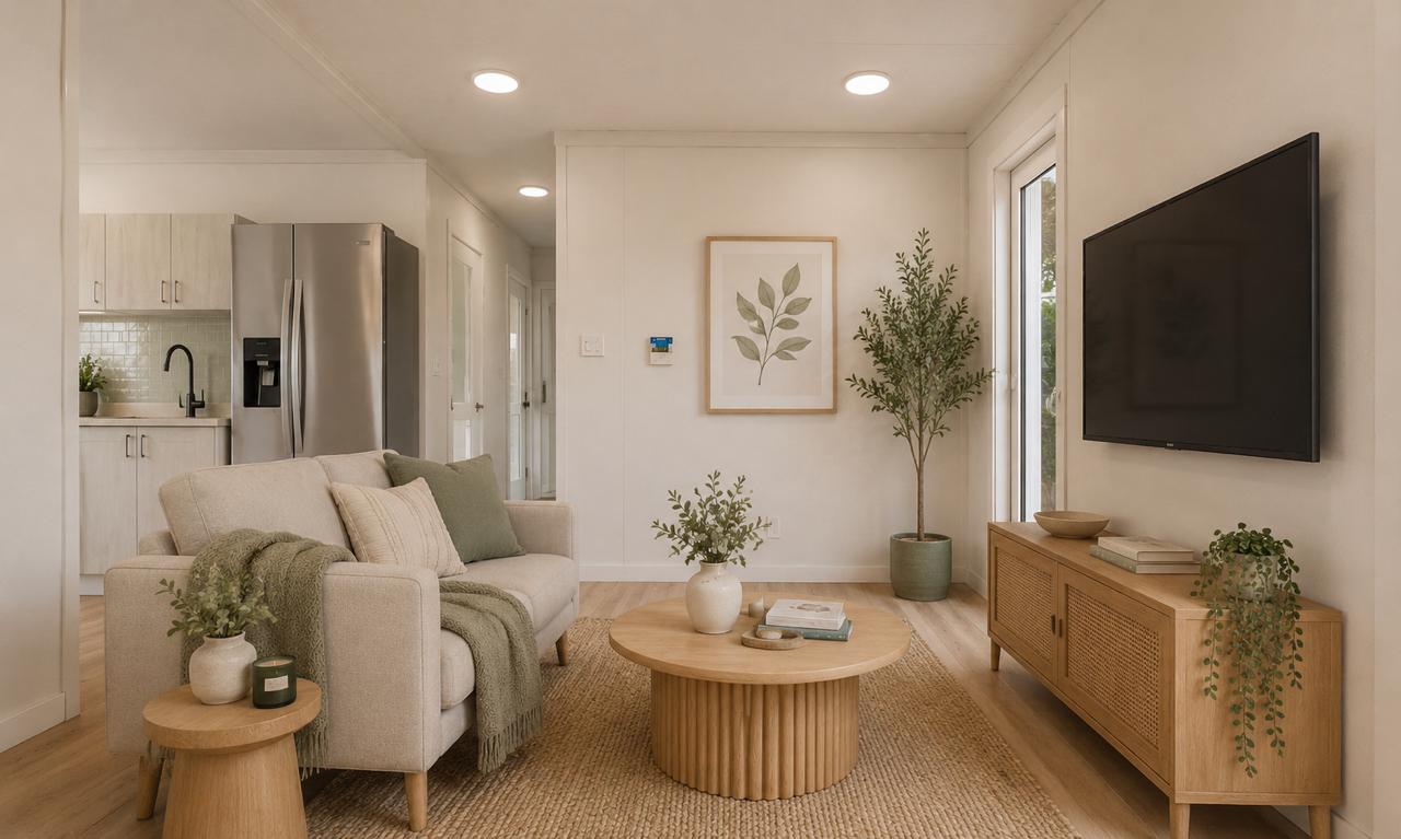 Compact expandable home living room with open plan layout