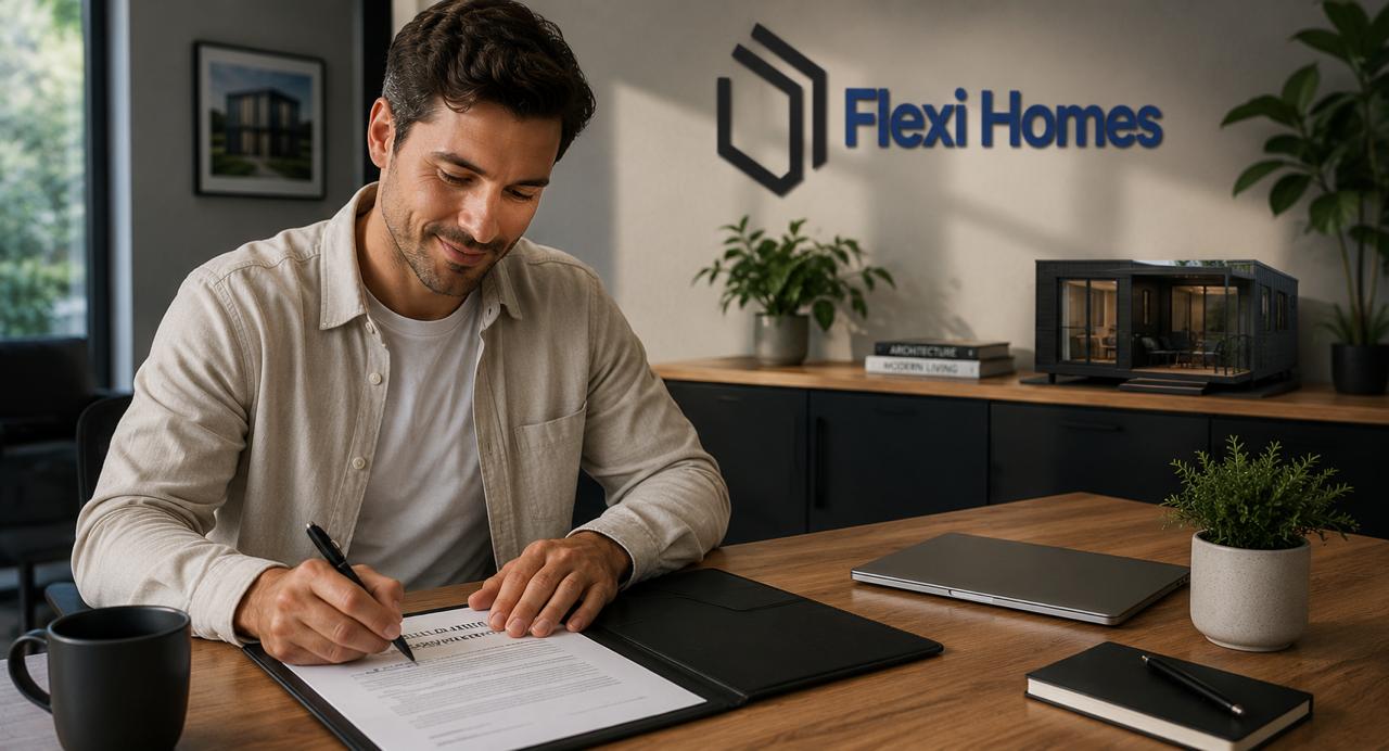 Customer signing FlexiHomes contract to begin production