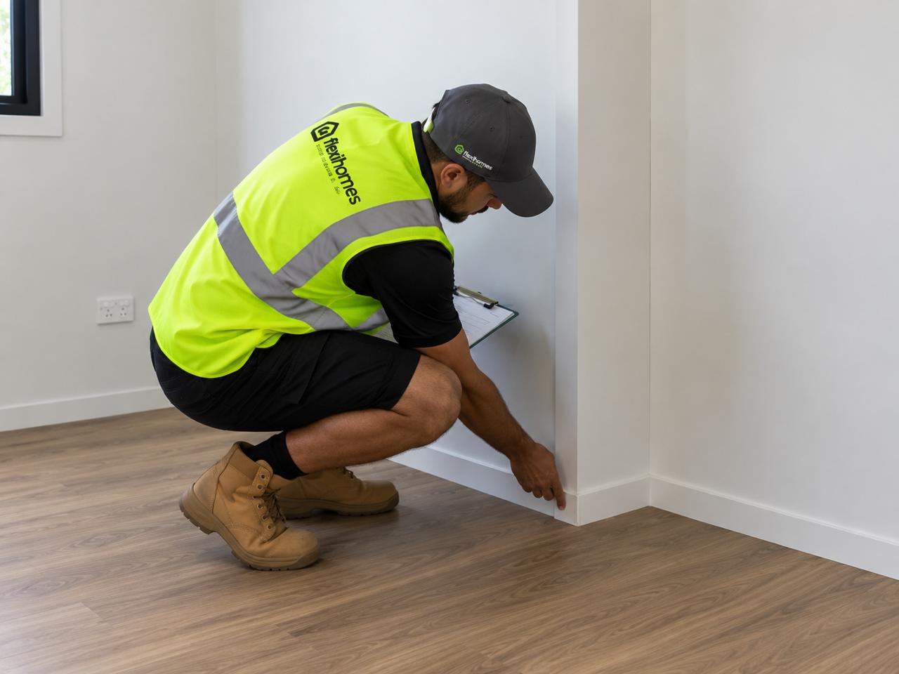 FlexiHomes inspector checking skirting and finishes during final inspection