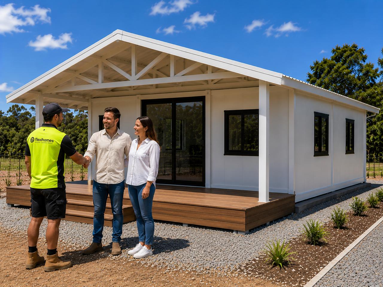 Happy couple receiving keys to their new FlexiHomes expandable container home