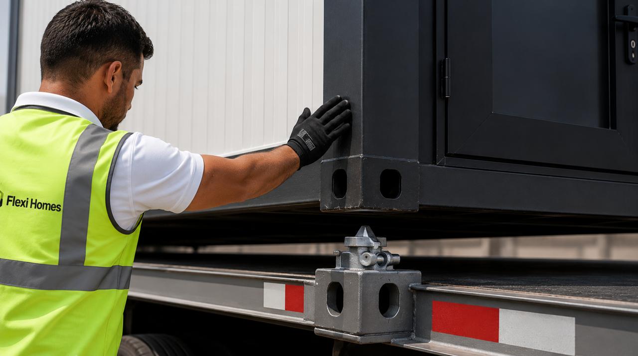 FlexiHomes team preparing container home for delivery
