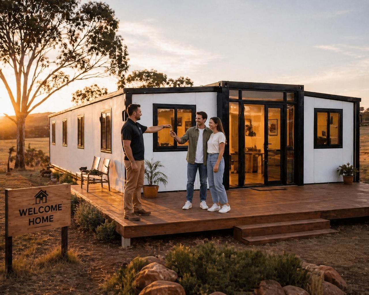 FlexiHomes team handing keys to new homeowners in front of their expandable container home at golden hour